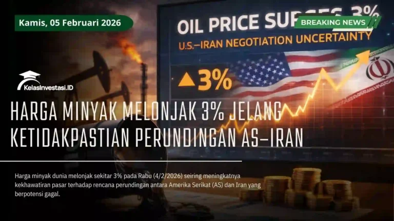 Grafik harga minyak mentah melonjak tajam dengan latar belakang peta Selat Hormuz.